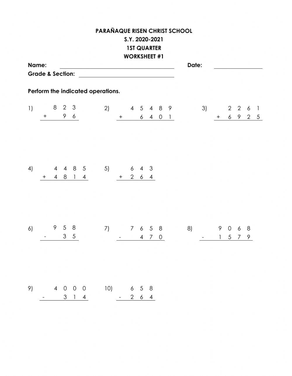 30 Addition And Subtraction Of Whole Numbers Worksheets