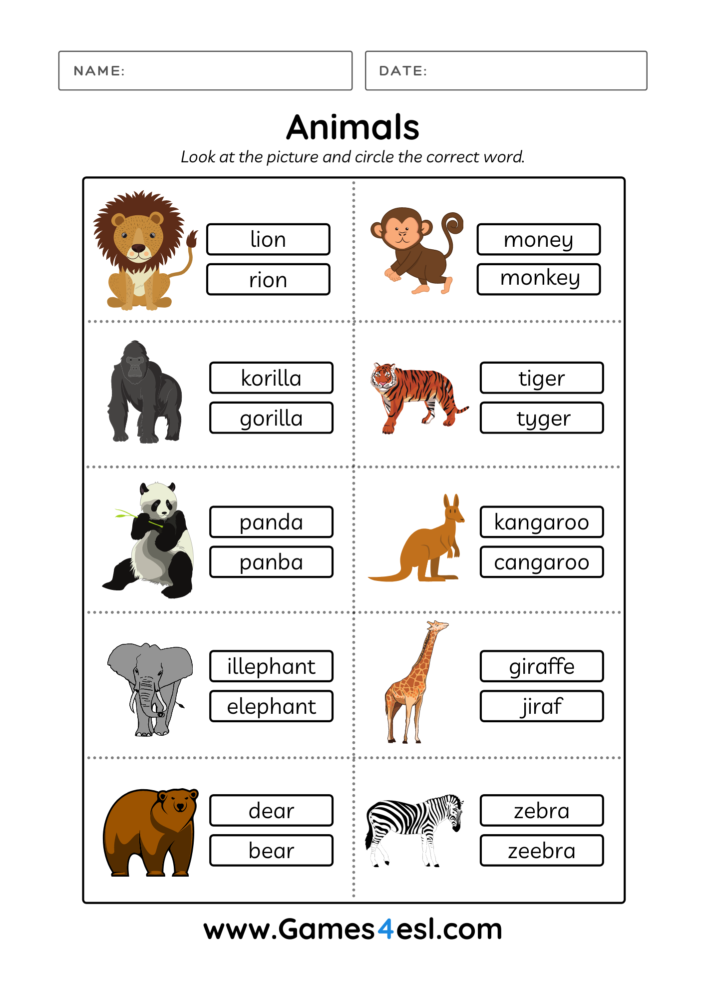 30 English Worksheets For Kindergarten Animals