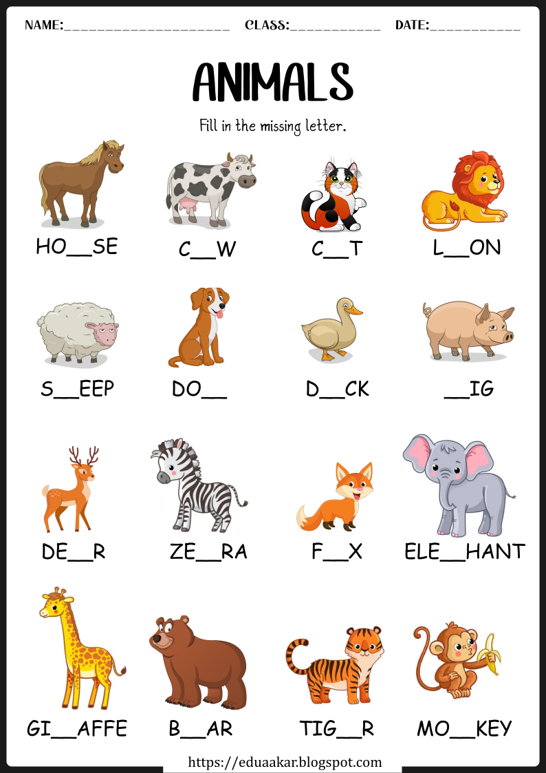 30 English Worksheets For Kindergarten Animals