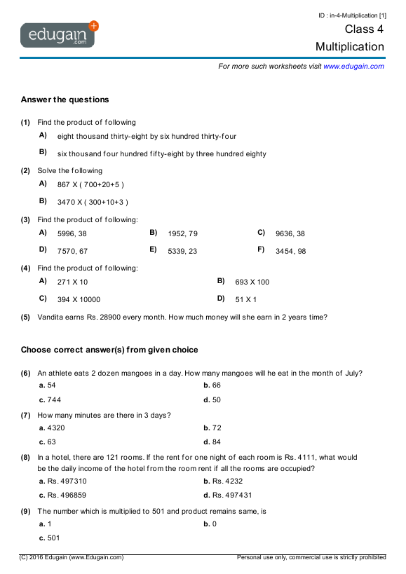 21 4Th Grade Math Worksheets Cbse