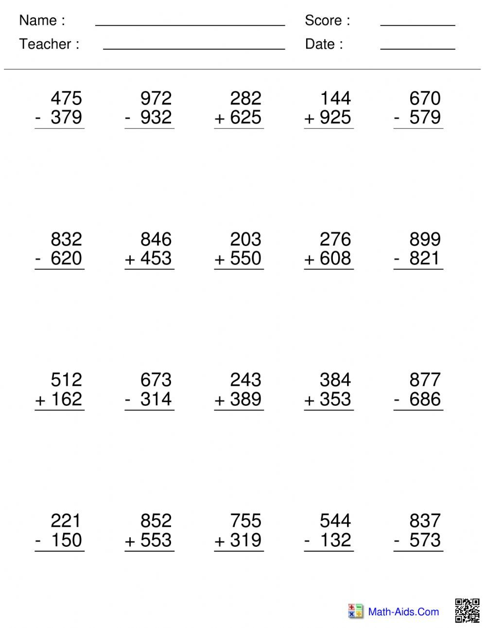 21 Addition And Subtraction Of Whole Numbers Worksheets