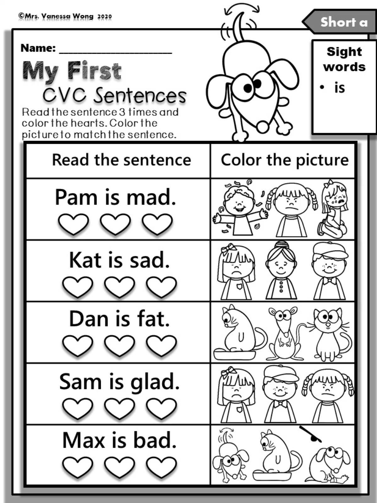 21 Cvc Worksheets Kindergarten Simple Sentences