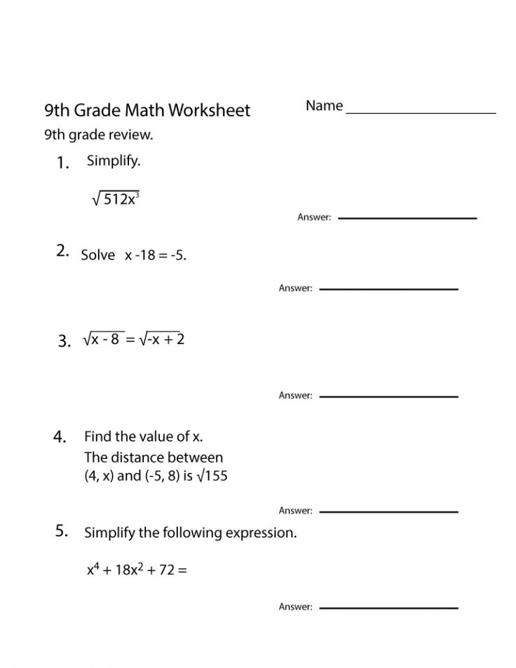 21 Free 9Th Grade Math Worksheets