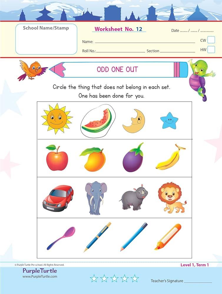 Purple Turtle Preschool Worksheets for Nursery English Maths