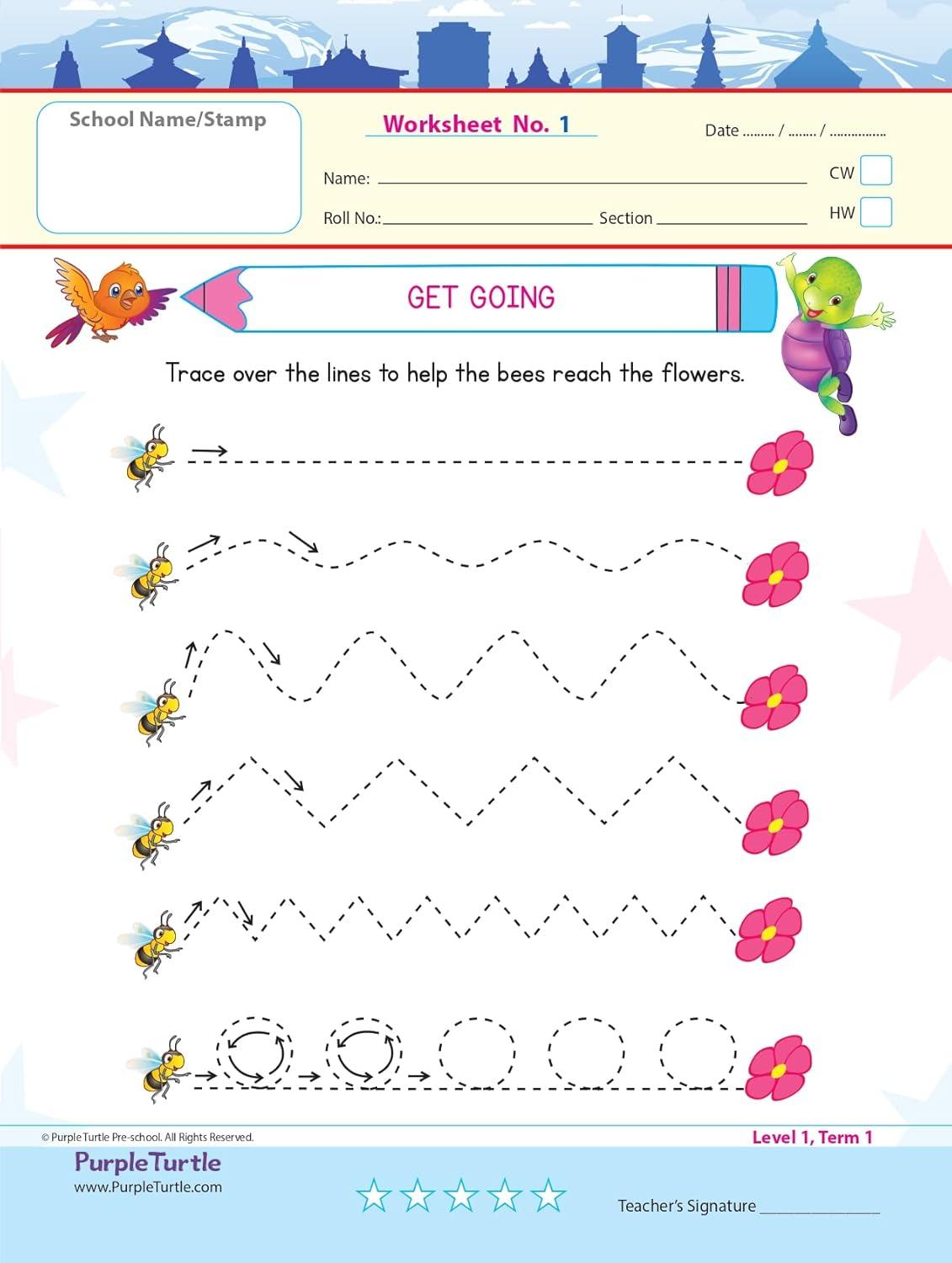 Purple Turtle Preschool Worksheets for Nursery English Maths EVS