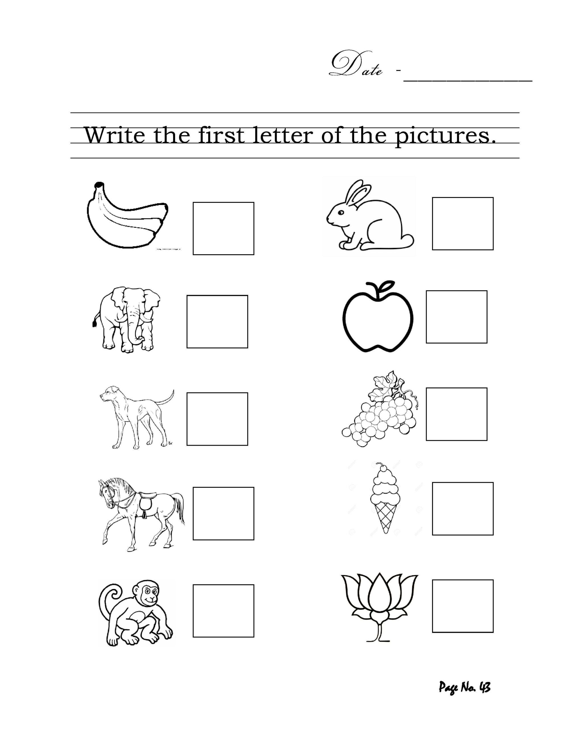 Write the first latter of the pictures English worksheets for kids